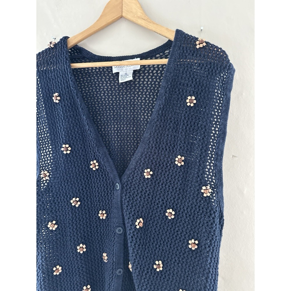 VTG Robert Scott LTD Open Knit Sleeveless Sweater Size XL Blue Flower Boho‎ Bead